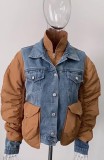 Winter Women Casual Denim Patch Ruched Long Sleeve Brown Padded Coat