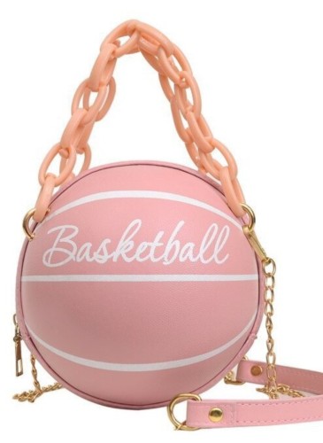 Borsa da basket in pelle PU con design a sfera rotonda rosa da donna con catena