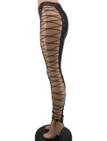 Summer Women Sexy Black Side Lace Up Hollow Out High Waist Slim PU Leather Pants