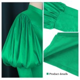 Spring Retro Women Plus Size Green Round Neck Puff Sleeve Formal Party Dress