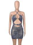 Summer Women Sexy Blue Lace Up Halter Backless Ruched Bodycon Dress