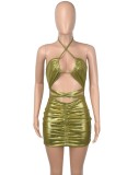Summer Women Sexy Golden Lace Up Halter Backless Ruched Bodycon Dress
