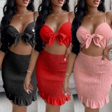 Summer Women Sexy Pink Bow Tied Cutout Sling Ruched Ruffled Club Dress