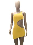 Summer Women Sexy Yellow One Shoulder Sleeveless Cutout Irregular Bodycon Dress