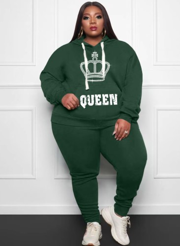 Bahar Kadın Büyük Beden Günlük Baskılı Yeşil Uzun Kollu Kapüşonlular ve Eşofman Altı İki Parçalı Takım Toptan Spor Giyim