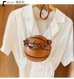 Women Brown Round Ball Designer PU Leather Basketball Handbag with Chain