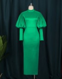 Spring Retro Women Plus Size Green Round Neck Puff Sleeve Formal Party Dress