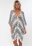 Summer Women Vacation Blue Stripes V Neck Loose Crochet Knitted Beach Dress