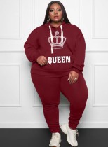 Spring Women Plus Size Casual Printed Wine Red Long Sleeve Hoodies and Sweatpants Two Piece Set Wholesale Sportswear