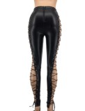 Summer Women Sexy Black Side Lace Up Hollow Out High Waist Slim PU Leather Pants