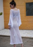 Summer Women Vacation White Long Sleeve Cover Up Crochet Knitted Beach Dress