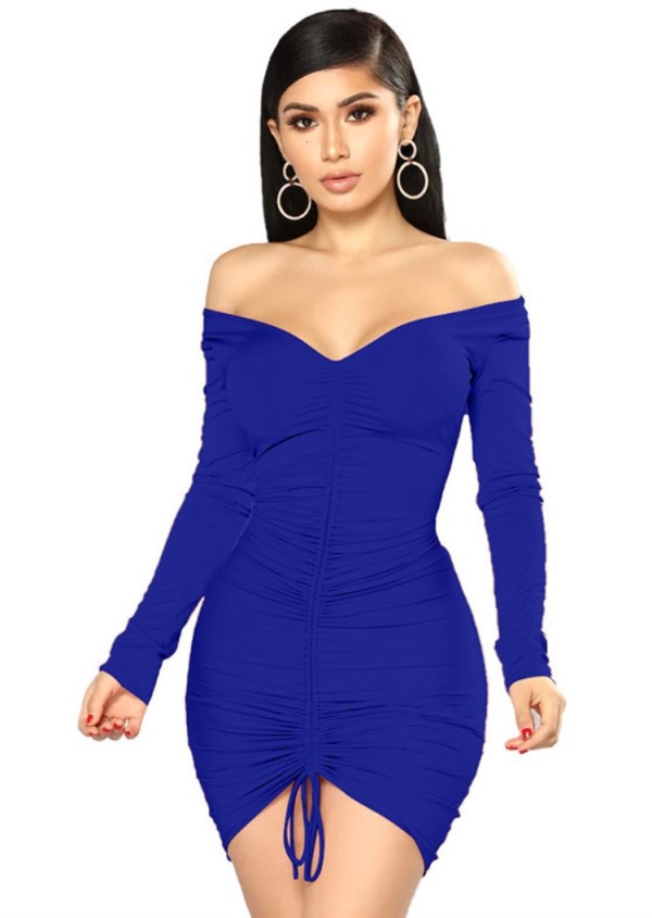 Spring Women Sexy Blue Off Shoulder Long Sleeve Ruched Bodycon Dress