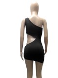 Summer Women Sexy Black One Shoulder Sleeveless Cutout Irregular Bodycon Dress