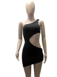 Summer Women Sexy Black One Shoulder Sleeveless Cutout Irregular Bodycon Dress