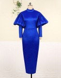 Spring Retro Women Plus Size Blue Round Neck Puff Sleeve Formal Party Dress