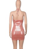 Summer Women Sexy Pink Lace Up Halter Backless Ruched Bodycon Dress