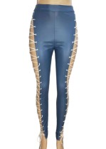 Pantalones de cuero de PU delgados de cintura alta con cordones laterales azules sexis de verano para mujer