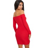 Spring Women Sexy Red Off Shoulder Long Sleeve Ruched Bodycon Dress