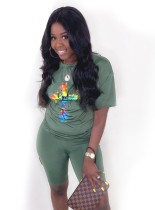 T-shirt a maniche corte con scollo tondo verde stampato casual da donna estiva e pantaloncini midi Set di due pezzi Set di pantaloncini da motociclista all'ingrosso