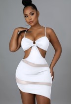 Verano mujer sexy correas blancas recortadas parche de malla ver a través del vestido ajustado irregular