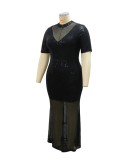 Spring Women Elegant Black Sequins Round Neck Short Sleeve Slim Formal Evening Dress