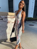 Summer Women Sexy Red Printed U Neck Halter Backless Bodycon Long Dress