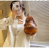 Women Brown Round Ball Designer PU Leather Basketball Handbag with Chain