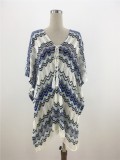 Summer Women Vacation Blue Stripes V Neck Loose Crochet Knitted Beach Dress