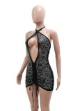 Summer Sexy Black Sequins Halter Cut Out Sleevless Tie Bodycon Dress