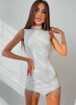 Mini vestido de borlas sin mangas de cuello redondo blanco sexy de primavera