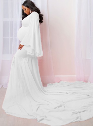 Primavera elegante vestido largo de maternidad de manga larga abullonada blanca