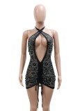 Summer Sexy Black Sequins Halter Cut Out Sleevless Tie Bodycon Dress