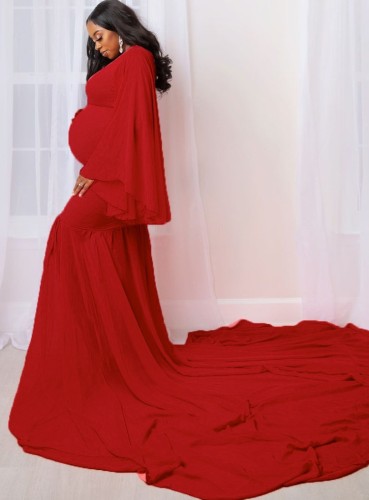 Lente elegante rode gepofte lange mouw moederschap lange jurk
