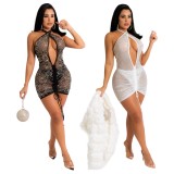Summer Sexy White Sequins Halter Cut Out Sleevless Tie Bodycon Dress