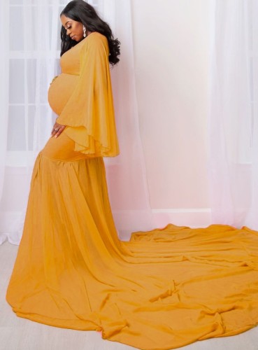 Vestido longo de maternidade de manga comprida amarelo estufado elegante primavera