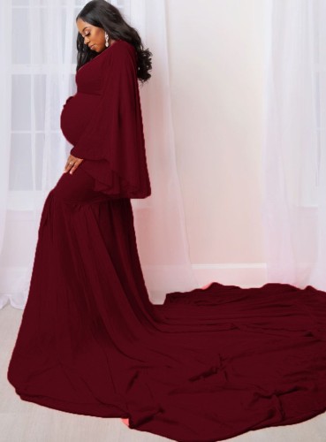Spring Elegant Wine Puffed Long Sleeve Maternity Long Dress