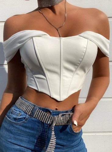 Spring Sexy White Off Shoulder Pu Leather Crop Top