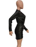 Spring Sexy Black Deep V Neck Long Sleeve Pu Leather Mini Dress