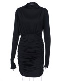 Spring Sexy Black Plain Solid Long Sleeves High Neck Ruched Mini Dress