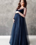 Spring Elegant Navy Bubble Bead Mesh Long Sleeve Maternity Evening Dress