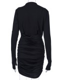 Spring Sexy Black Plain Solid Long Sleeves High Neck Ruched Mini Dress
