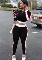 Bahar Kadın Siyah Renk Engelleme patchwork Uzun Kollu Kırpma Üst ve Maç Pantolon Iki Parçalı Set Toptan Jogging Yapan Takım Elbise