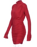 Spring Sexy Red Plain Solid Long Sleeves High Neck Ruched Mini Dress