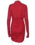 Spring Sexy Red Plain Solid Long Sleeves High Neck Ruched Mini Dress