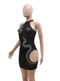 Summer Sexy Black Rhinestone Round Neck Cut Out Sleeveless Bodycon Dress