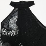 Summer Sexy Black Rhinestone Round Neck Cut Out Sleeveless Bodycon Dress