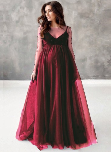Vestido de noite para maternidade de manga comprida elegante com conta em bolha vermelha primavera