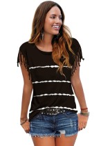 Camiseta de manga corta con borlas y estampado de rayas negras de algodón informal de verano