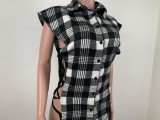 Summer Sexy Plaid Bandage Hollow Out Button Sleevess Shirt