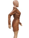 Spring Sexy Kahaki Deep V Neck Long Sleeve Pu Leather Mini Dress
